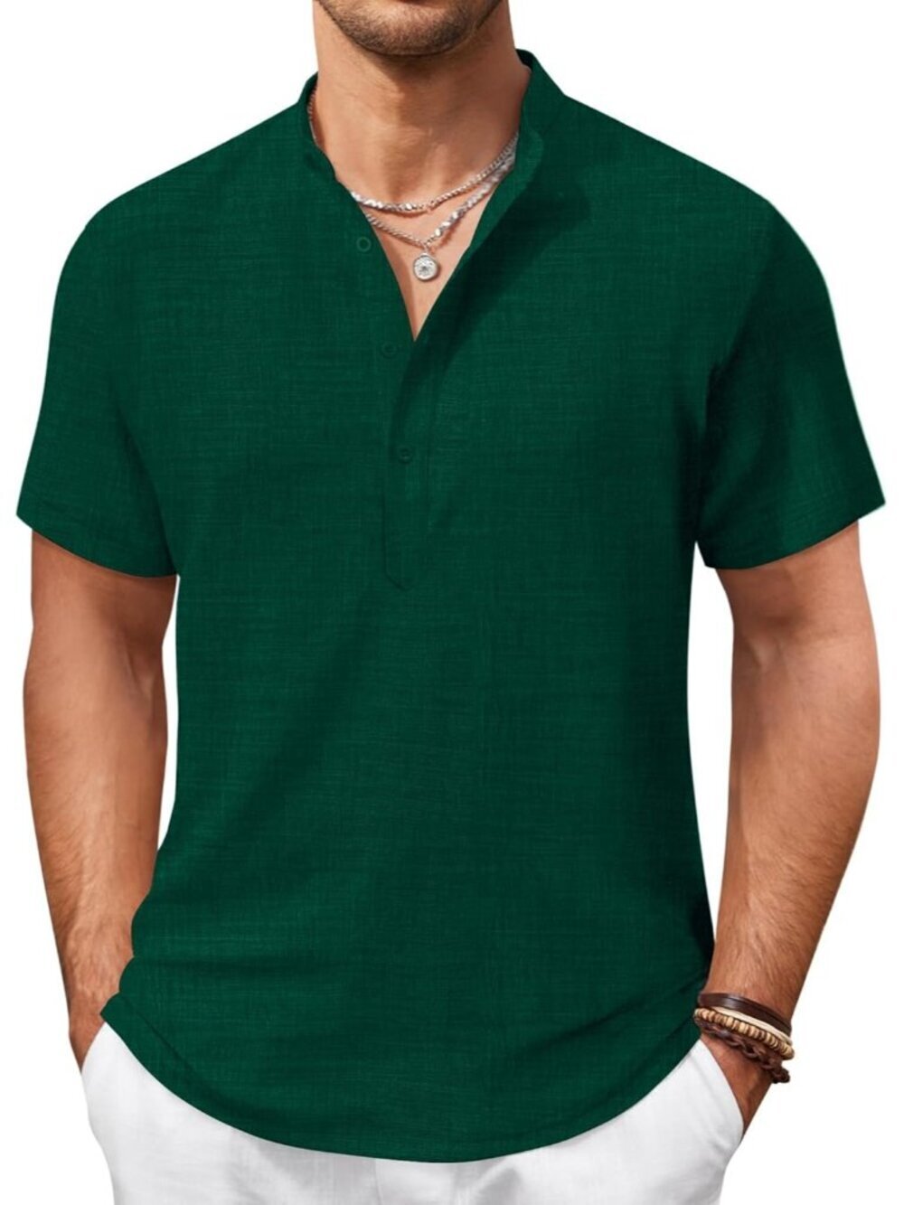 Men's Dark green Casual Henley Shirt Short Sleeve Linen Beach Summer Tops